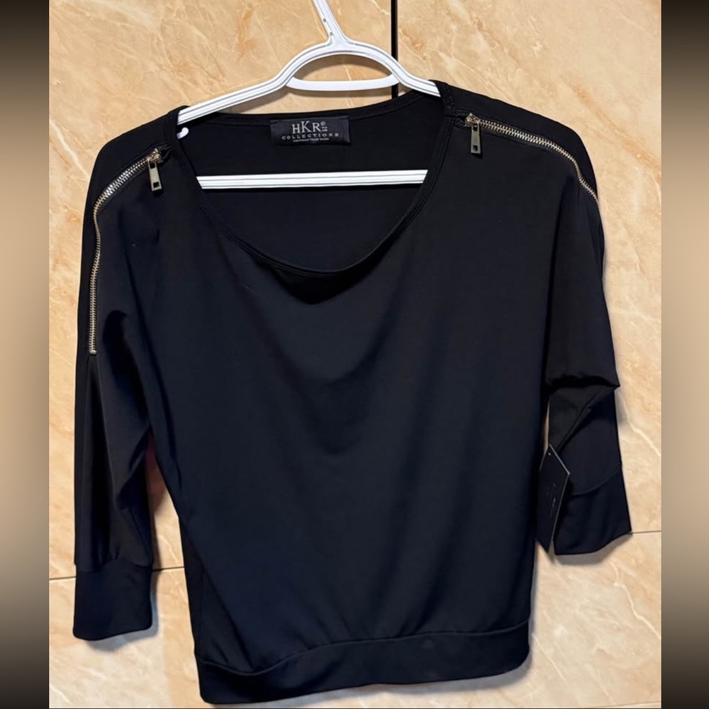 Black Women's Top with Shoulder Gold Zipper Detail